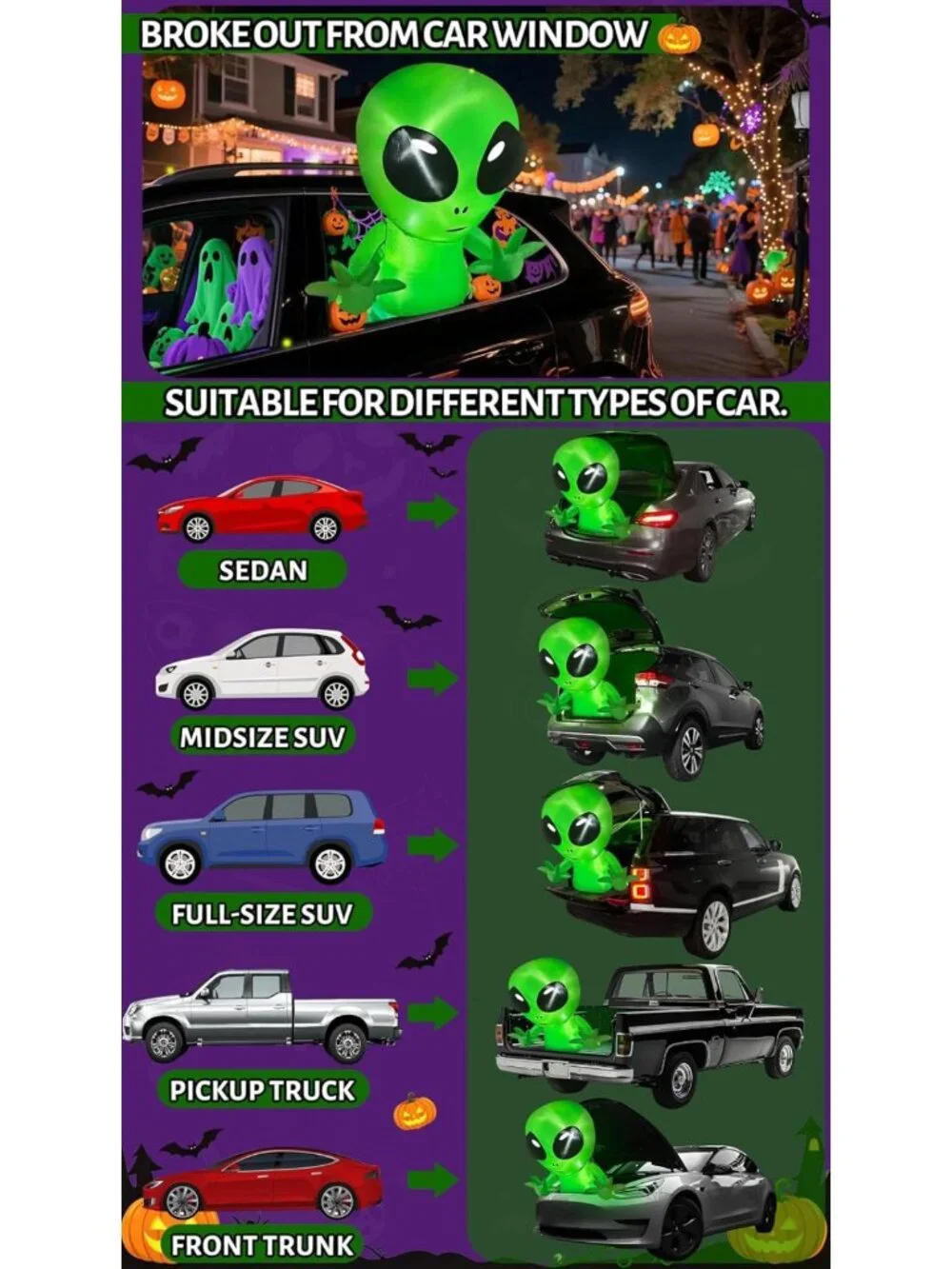 3 Ft Inflatable Alien Halloween Decoration with LEDs for Trunk or Treat & Yard